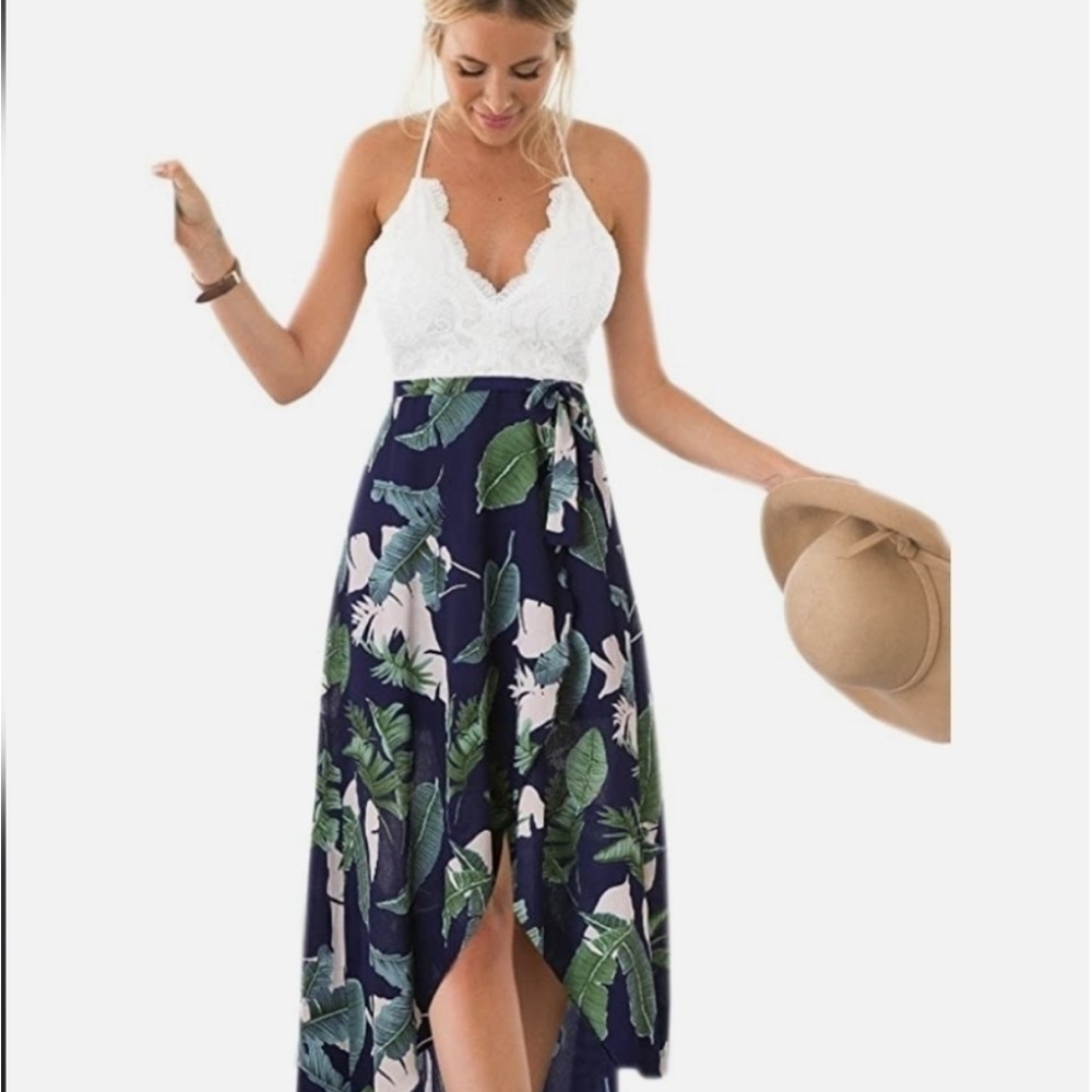 Elegant Backless White and Blue Dress